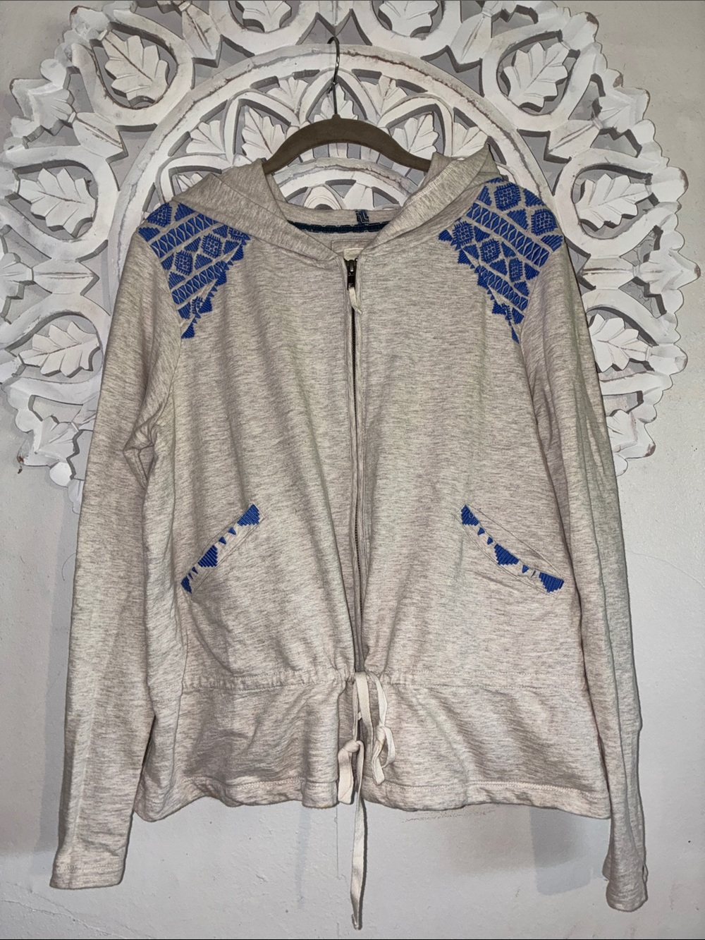 Anthropologie Light Gray Hoodie with Blue Embroidery